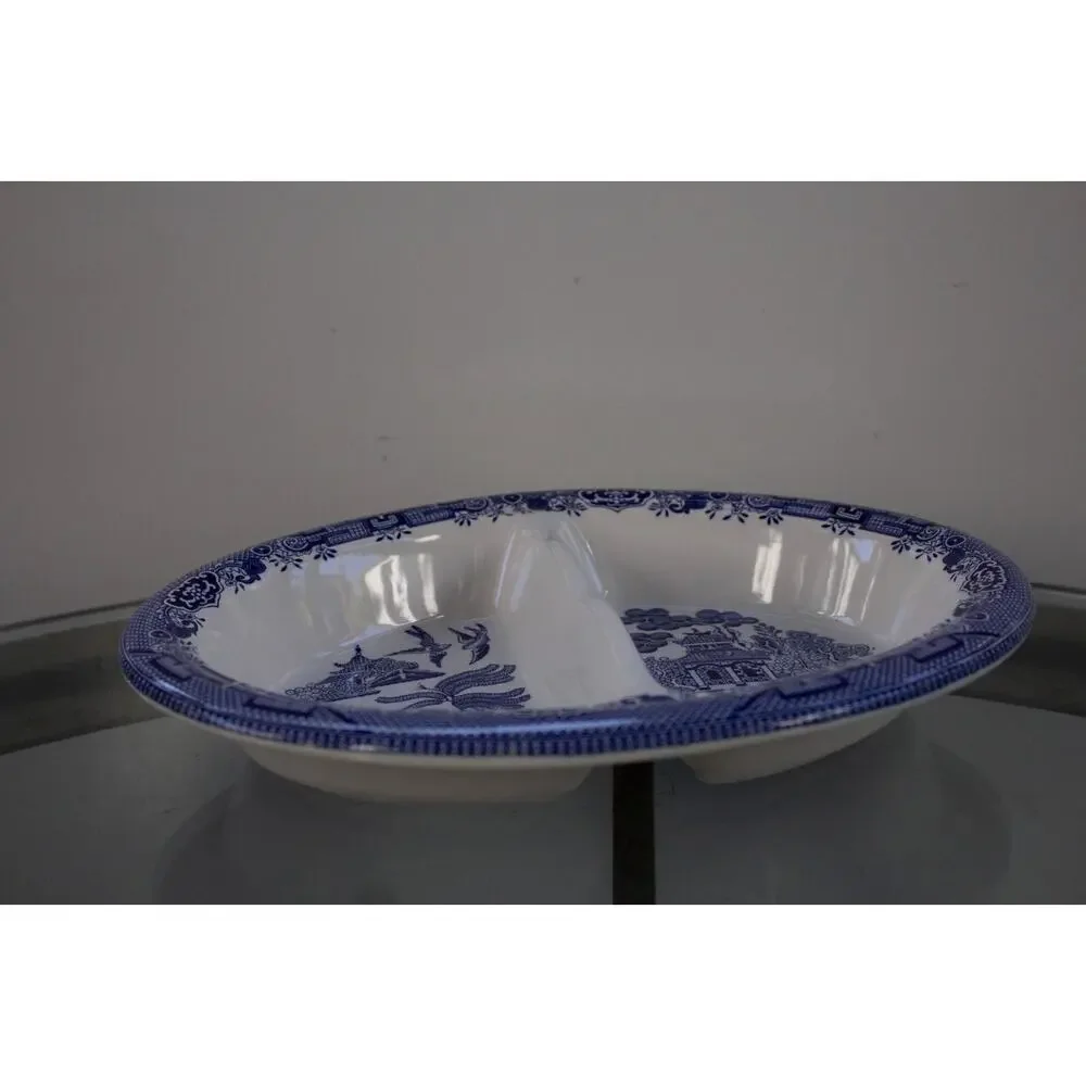 Churchill Blue Willow Oval Divided Serving‎ Dish Staffordshire  England 10”